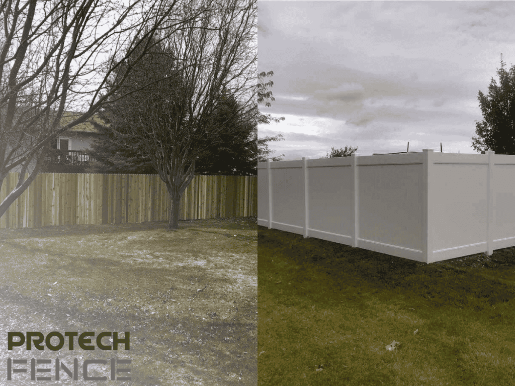 A split-view image comparing vinyl and wood fences for Ammon properties, with the left side showing an older wooden fence and the right side featuring a newly installed white vinyl privacy fence under a cloudy sky. The Protech Fence logo is displayed in the bottom left corner.