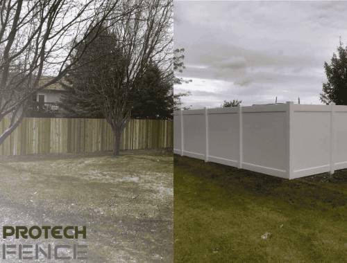 A split-view image comparing vinyl and wood fences for Ammon properties, with the left side showing an older wooden fence and the right side featuring a newly installed white vinyl privacy fence under a cloudy sky. The Protech Fence logo is displayed in the bottom left corner.