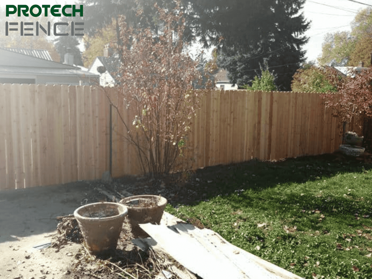 Autumn backyard with newly installed wood fence by local wood fence gate installers near me, showcasing excellent craftsmanship and providing privacy and security.
