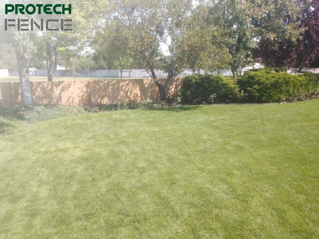 Wood fence bordering a lush, green backyard with trees and shrubs, highlighting the affordable price per linear foot for wood fence installation.